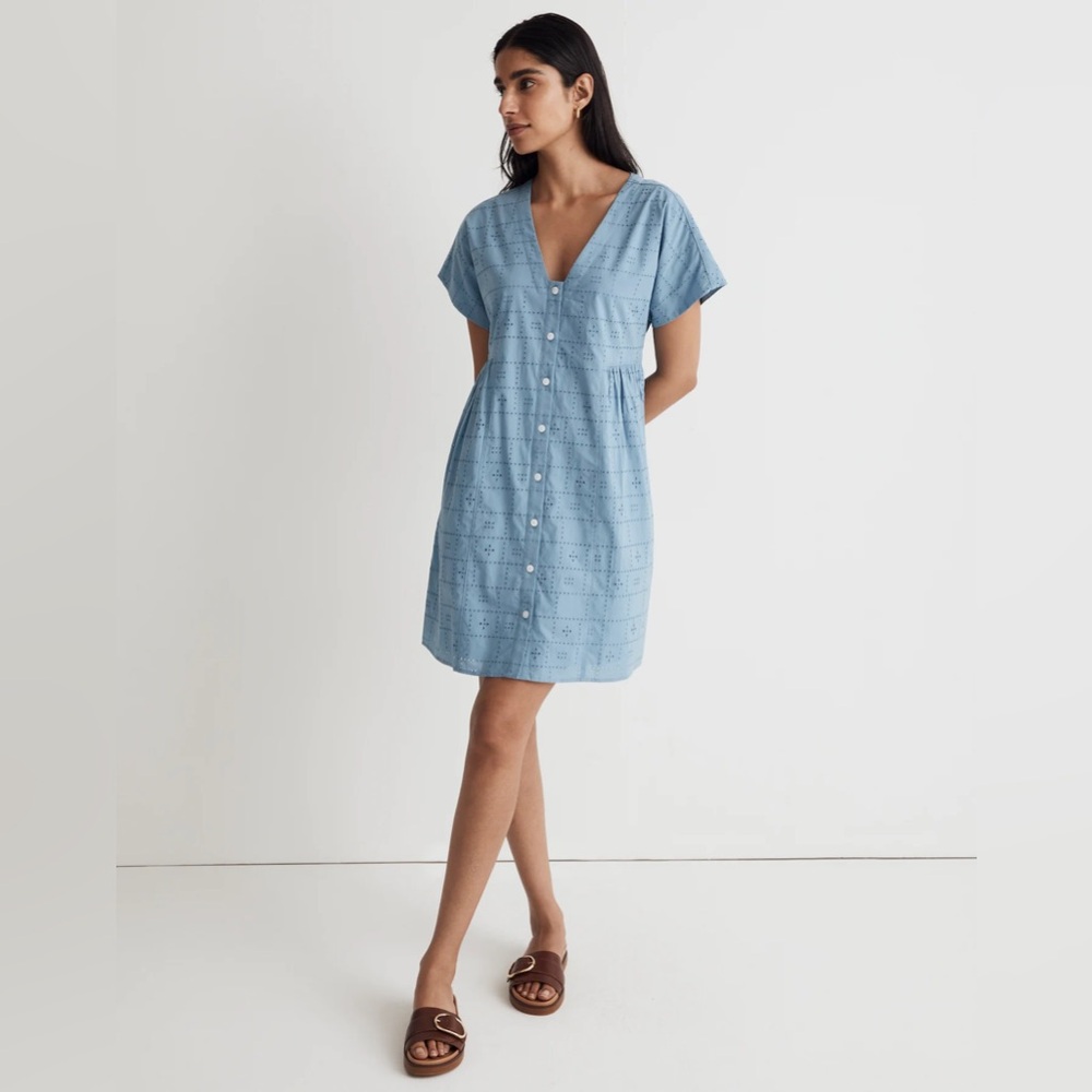 Madewell Eyelet V-Neck Mini Dress Button Blue XS Small J.crew Jcrew j. Crew